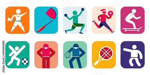 set of icons, different sports, transparent white background