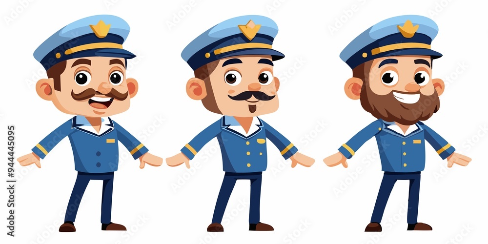 set of cartoon ship captain, transparent white background set of cartoon ship captain, transparent white background