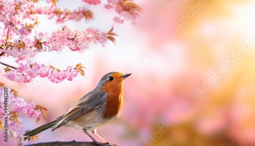 abstract art songbird and beautiful morning spring floral landscape background springtime blossom sakura cherry tree flower and robin bird photo