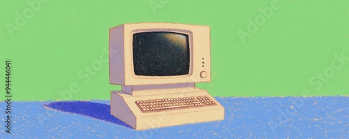 Retro computer illustration on a colorful background, showcasing vintage technology and nostalgic design elements. photo