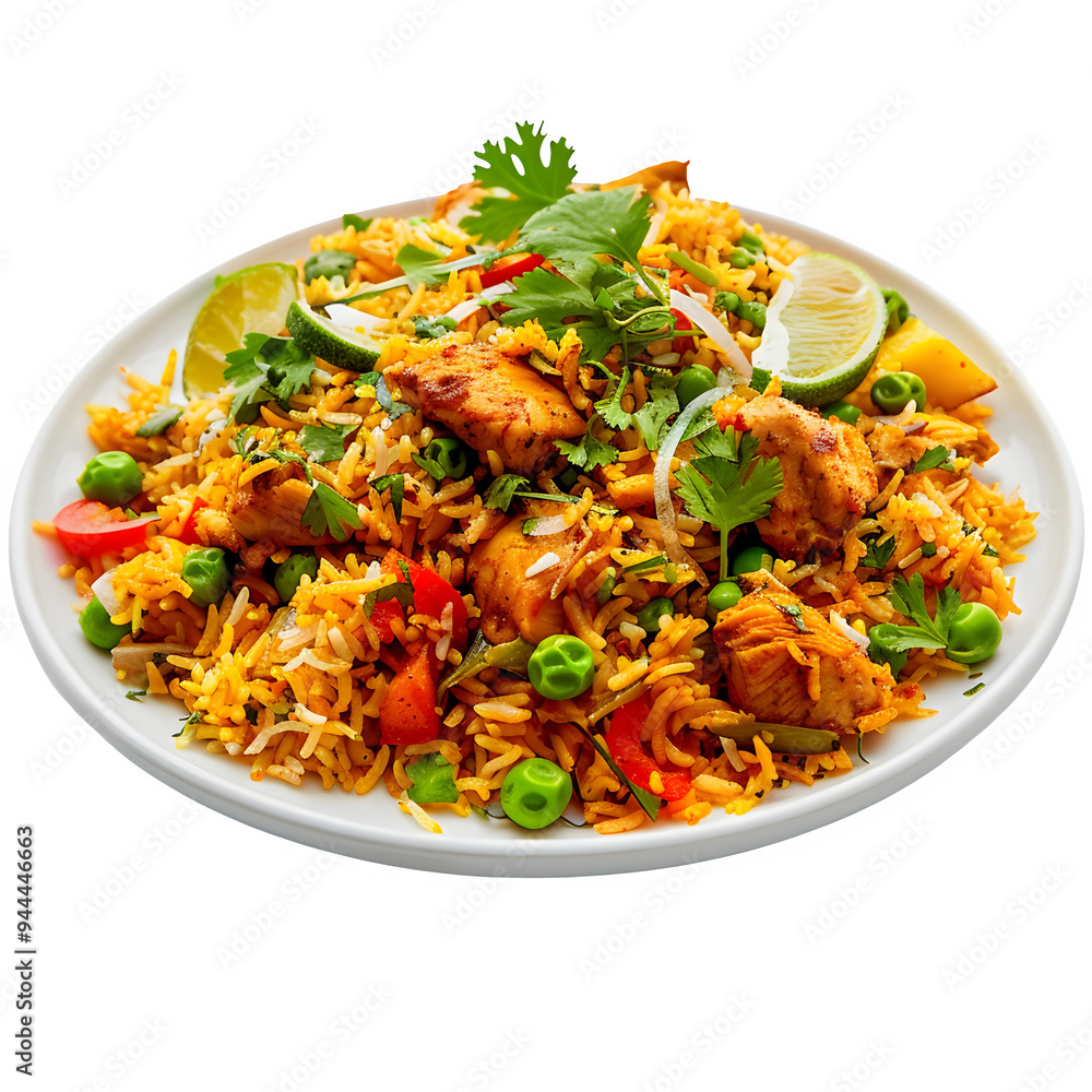 Delicious serving of chicken biryani topped with colorful herbs, veggies, and lime slices, beautifully presented to make your mouth water Delicious serving of chicken biryani topped with colorful herbs, veggies, and lime slices, beautifully presented to make your mouth water