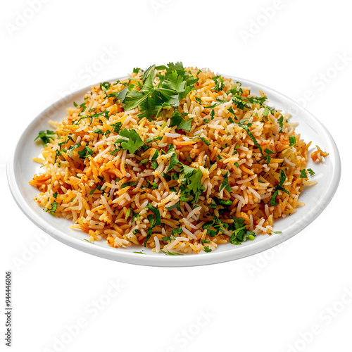 Tasty serving of zesty fried rice topped with fragrant cilantro, ideal for a satisfying meal or culinary display