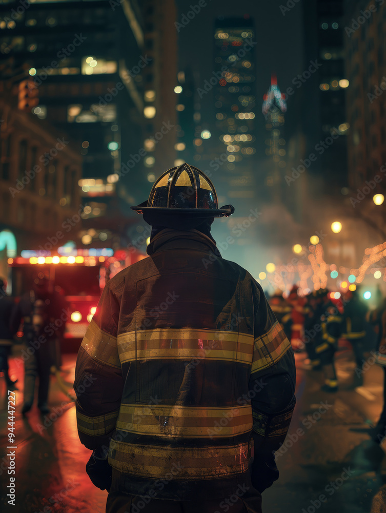 Firefighter in protective gear facing an emergency scene at night. Firefighter in protective gear facing an emergency scene at night.