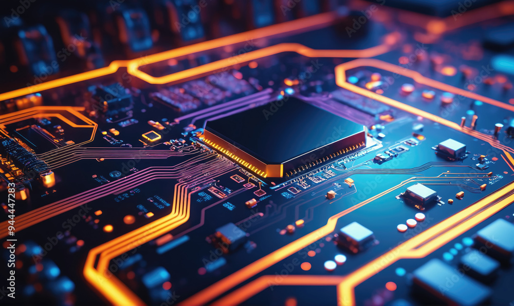A close-up view of a circuit board, with glowing orange and blue lines highlighting the complex circuitry A close-up view of a circuit board, with glowing orange and blue lines highlighting the complex circuitry