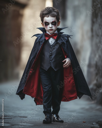 A child dressed as Dracula for halloween