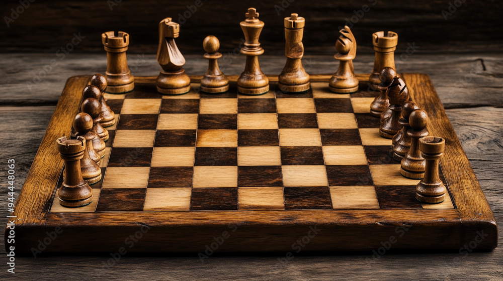 A rustic wooden chessboard with antique pieces A rustic wooden chessboard with antique pieces
