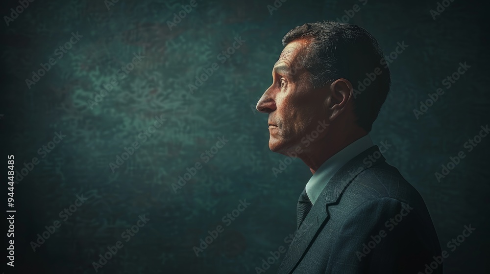 Profile of a contemplative businessman in formal suit against dark background Profile of a contemplative businessman in formal suit against dark background