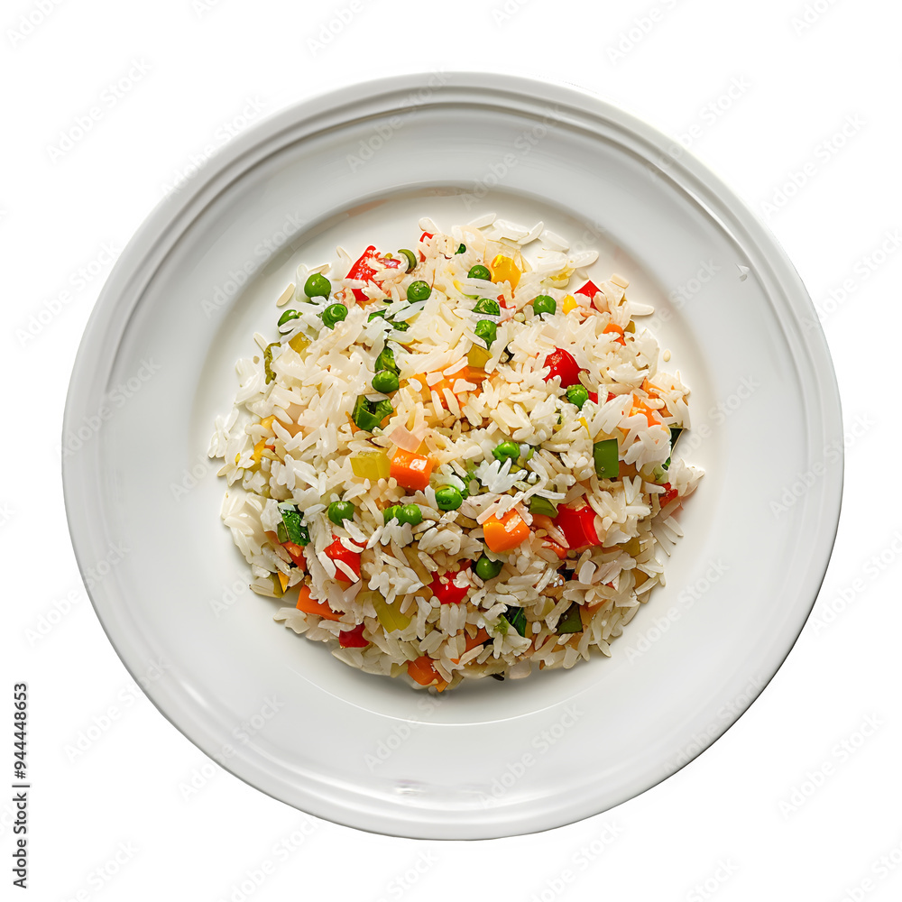 Tasty serving of veggie stir-fried rice with peas, carrots, and bell peppers, set against a clear background. Ideal for food-themed projects and restaurant menus Tasty serving of veggie stir-fried rice with peas, carrots, and bell peppers, set against a clear background. Ideal for food-themed projects and restaurant menus