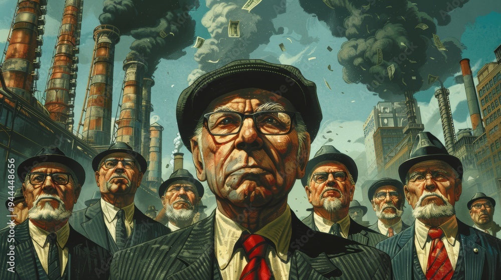 Group of businessmen in industrial setting with smokestacks and pollution Group of businessmen in industrial setting with smokestacks and pollution