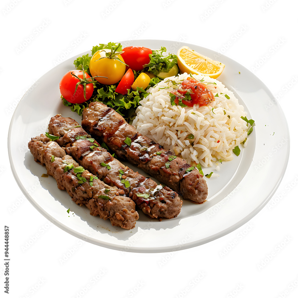 Tasty grilled kebabs served with rice, cherry tomatoes, and a lemon wedge on a white plate, creating a mouth-watering meal presentation Tasty grilled kebabs served with rice, cherry tomatoes, and a lemon wedge on a white plate, creating a mouth-watering meal presentation