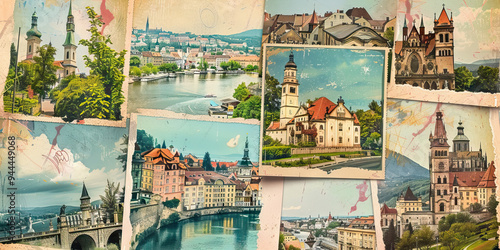 A collage of vintage postcards from various European cities, their images faded but still retaining a nostalgic charm. #944449068