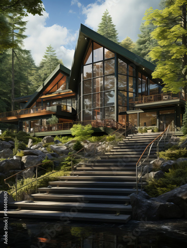 Luxurious Wooden Cabin with Large Glass Windows in Verdant Forest Setting Reflecting Sky with Fluffy Clouds and Serene Ambience