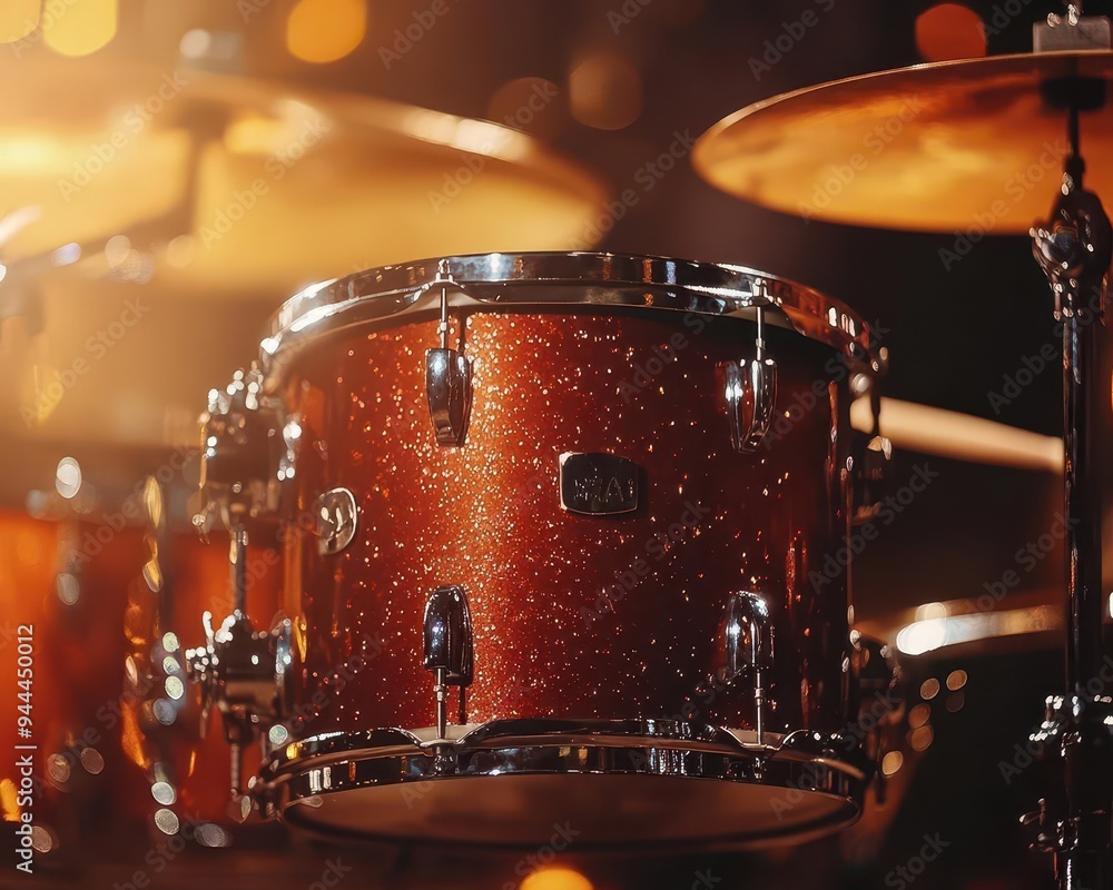 Obraz premium Drum set in a studio, with drumsticks and a focus on rhythm and energy, Dynamic, Bright, High Energy