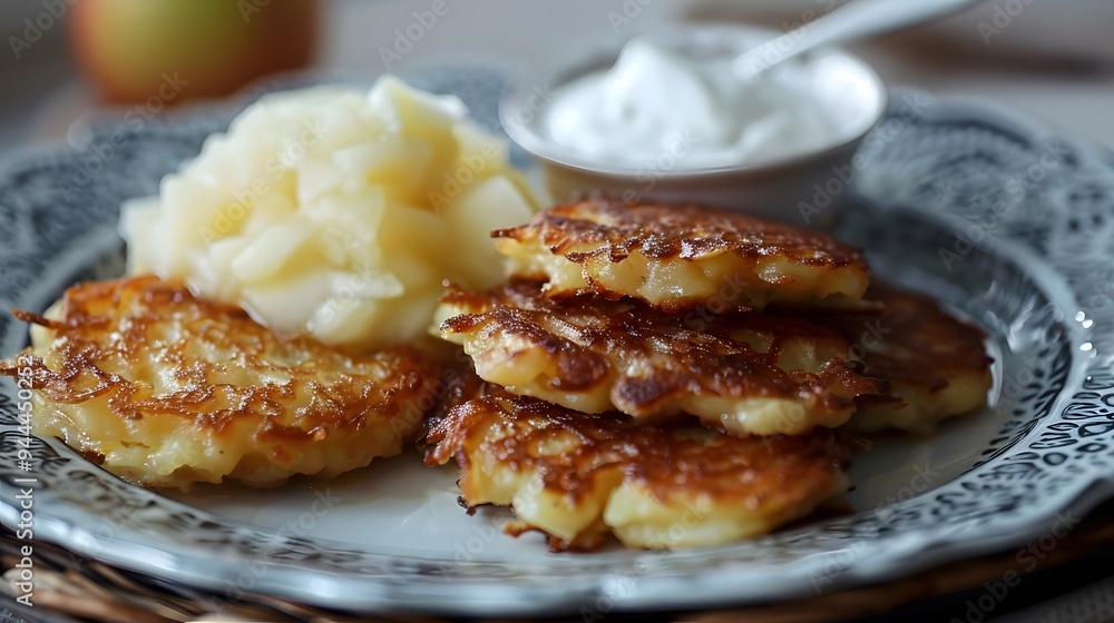 Potato pancakes with apple sauce and sour Potato pancakes with apple sauce and sour
