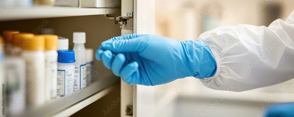 Close-up of gloved hands carefully handling pharmaceutical bottles in a laboratory setting, highlighting precision and safety in medical research and storage practices. Close-up of gloved hands carefully handling pharmaceutical bottles in a laboratory setting, highlighting precision and safety in medical research and storage practices.