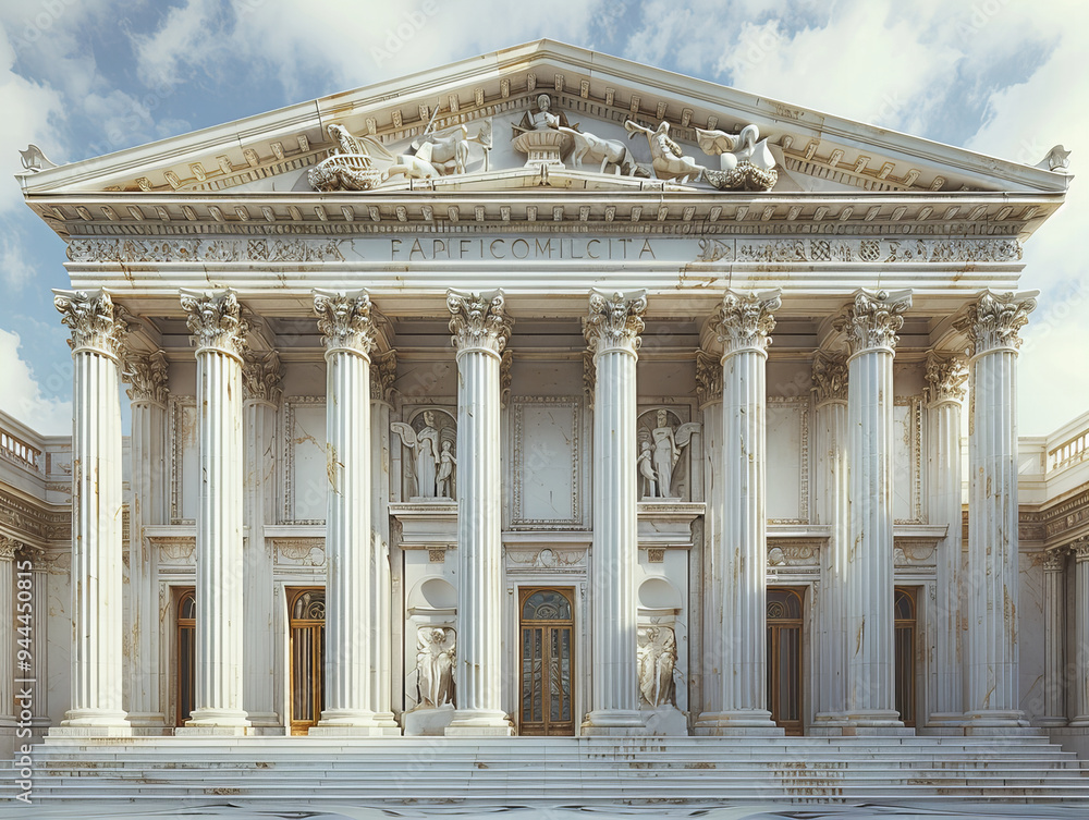 Obraz premium Classical Majestic Building with Grand Columns and Intricate Architectural Details in a Bright Landscape