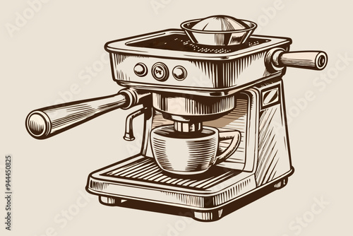 A detailed, hand-drawn illustration of an espresso portafilter, showcasing intricate lines and shading. Ideal for coffee lovers or vintage art enthusiasts
