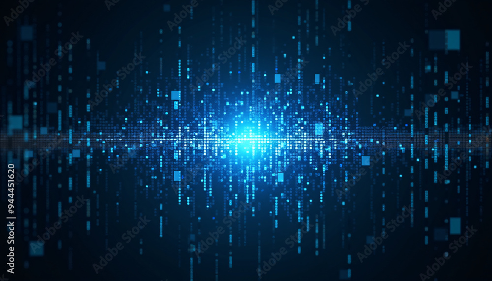 Pixelated grid bursting with dark and light contrasting blues illuminated by a subtle glowing effect at its core creating a futuristic visual. Pixelated grid bursting with dark and light contrasting blues illuminated by a subtle glowing effect at its core creating a futuristic visual.