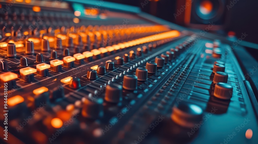 Mixing console in a recording studio, with sliders and dials ready for audio production, Technical, Bright, Detailed Mixing console in a recording studio, with sliders and dials ready for audio production, Technical, Bright, Detailed