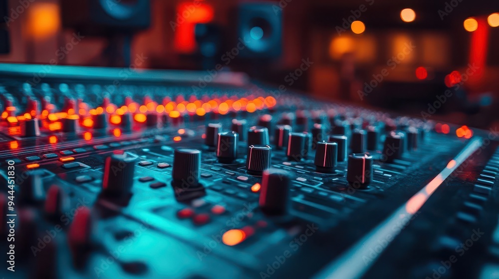 Mixing console in a recording studio, with sliders and dials ready for audio production, Technical, Bright, Detailed Mixing console in a recording studio, with sliders and dials ready for audio production, Technical, Bright, Detailed