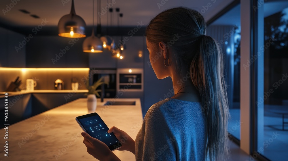 Woman using smart home device in modern kitchen at night, illuminated by futuristic lighting, showcasing technology integration with lifestyle and convenience Woman using smart home device in modern kitchen at night, illuminated by futuristic lighting, showcasing technology integration with lifestyle and convenience