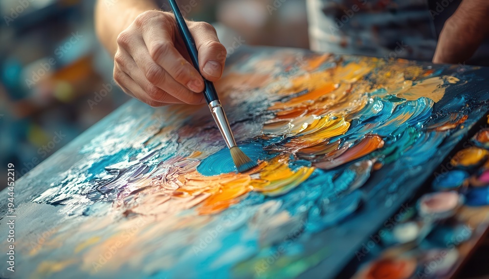 Painter with a paint palette, creating vibrant artwork on a large canvas, Creative, Bright, Detailed Painter with a paint palette, creating vibrant artwork on a large canvas, Creative, Bright, Detailed
