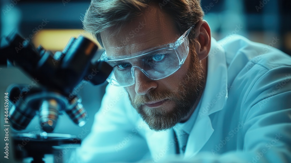 Scientist with a microscope, focusing on a research experiment in a lab, Focused, Bright, Detailed Scientist with a microscope, focusing on a research experiment in a lab, Focused, Bright, Detailed