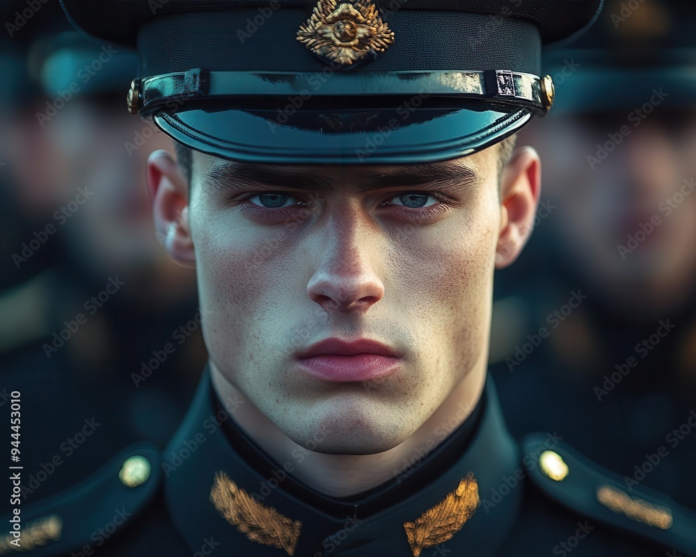Soldier in uniform, standing at attention, with a focus on discipline and pride, Intense, Bright, Sharp Focus Soldier in uniform, standing at attention, with a focus on discipline and pride, Intense, Bright, Sharp Focus