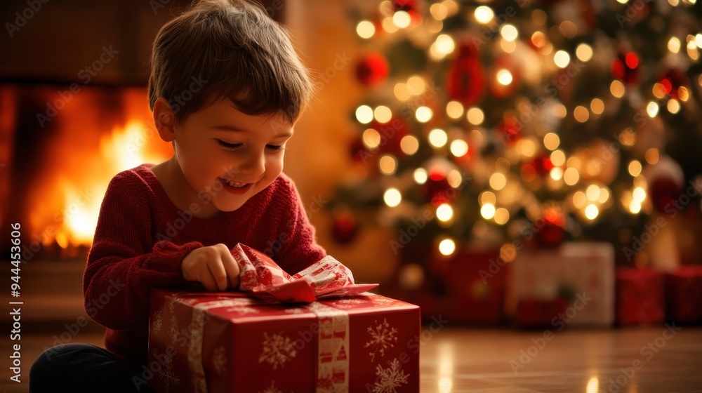Joyful child opening a Christmas gift by the fireplace with a beautifully decorated tree in the background on a festive holiday evening Joyful child opening a Christmas gift by the fireplace with a beautifully decorated tree in the background on a festive holiday evening