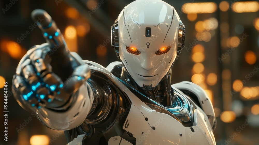 Futuristic Robot with Glowing Eyes Pointing Futuristic Robot with Glowing Eyes Pointing