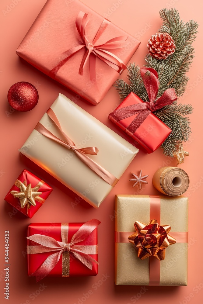 Colorful holiday gifts arranged creatively on a soft pink surface with festive decorations Colorful holiday gifts arranged creatively on a soft pink surface with festive decorations