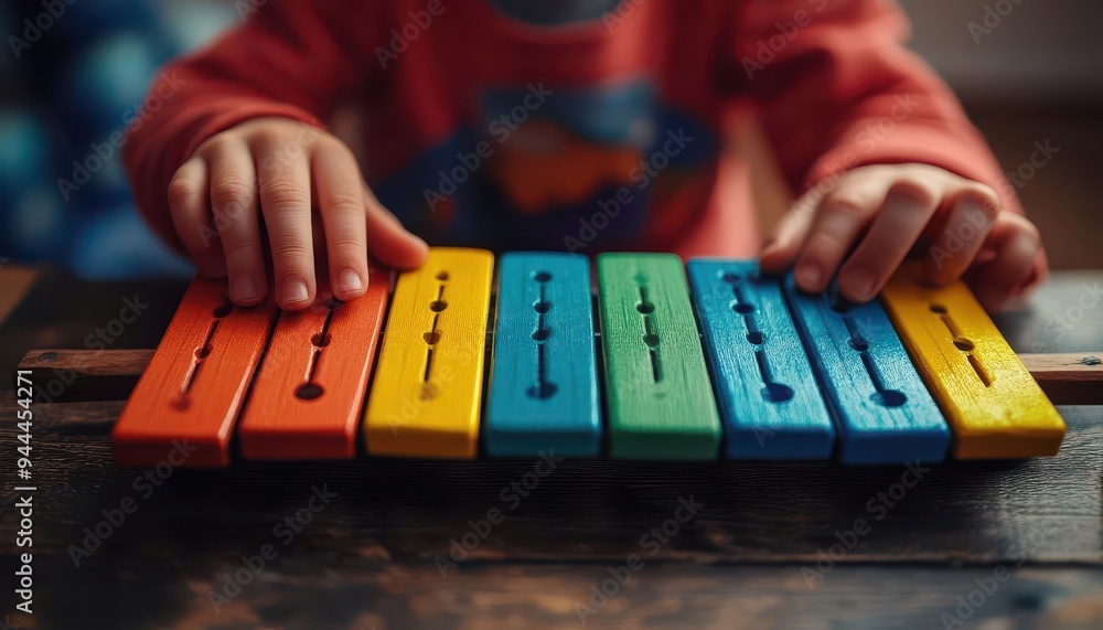 Xylophone being played by a child in a music class, with colorful bars, Joyful, Bright, Detailed Xylophone being played by a child in a music class, with colorful bars, Joyful, Bright, Detailed