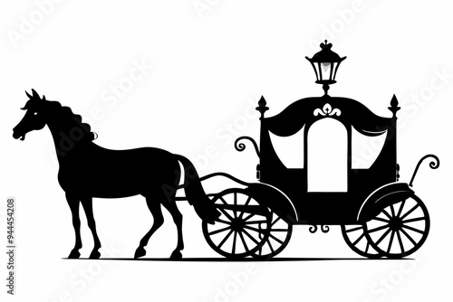 Beautiful vintage carriage silhouette with the horse. Vector illustration. Can used for birthday cards, and wedding invitations on a white background 