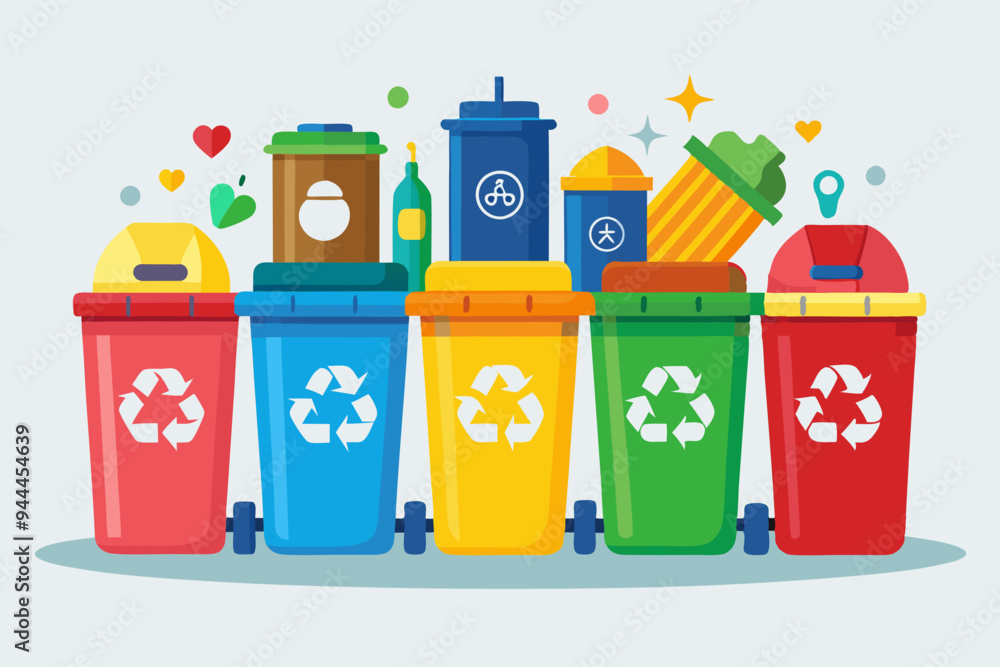 A collection of eight colorful trash bins with various types of waste depicted inside them, showcasing different waste management and recycling symbols
A collection of eight colorful trash bins with various types of waste depicted inside them, showcasing different waste management and recycling symbols