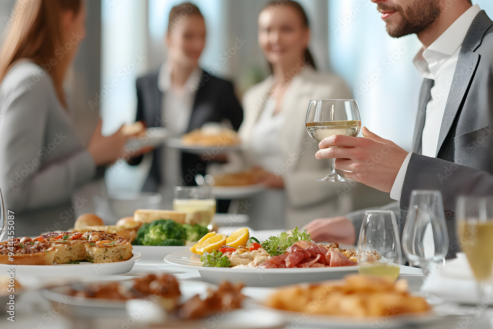 Coworkers having business lunch in restaurant, closeup Coworkers having business lunch in restaurant, closeup