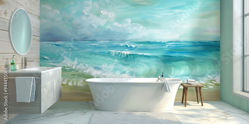 An ocean-themed abstract painting in soft blues and greens brings serenity to a modern bathroom. photo