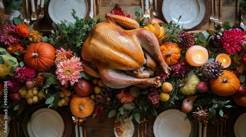 A festive autumn table decorated with pumpkins and a roasted turkey for Thank...