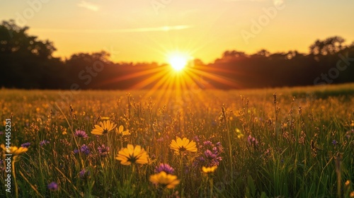 Golden sunrise over a meadow filled with vibrant wildflowers in springtime