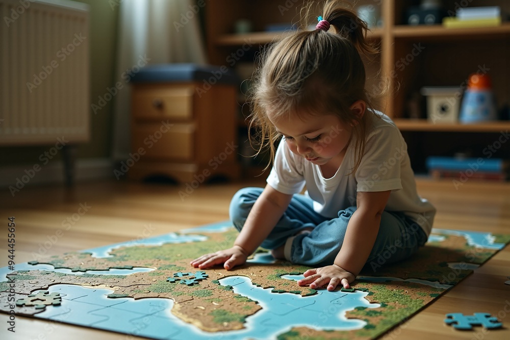 A young child engrossed in solving a puzzle on the floor, a fun and educational activity A young child engrossed in solving a puzzle on the floor, a fun and educational activity
