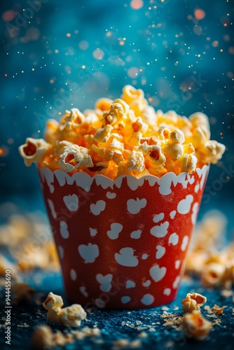 Popcorn scattered on red velvet against a blue curtain in a cozy cinema setting
