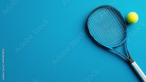 A tennis racket and ball resting on a vibrant blue and orange textured surfac...