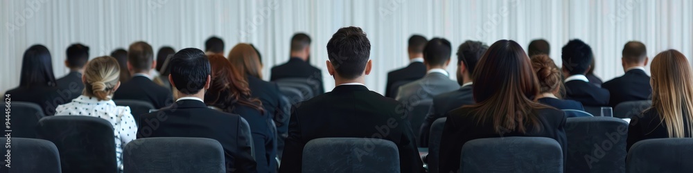 Business professionals seated in a conference room, attentively listening to a speaker from a rear perspective. Business professionals seated in a conference room, attentively listening to a speaker from a rear perspective.