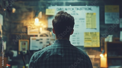 Man Analyzing Posters on a Wall in Low-Light Room