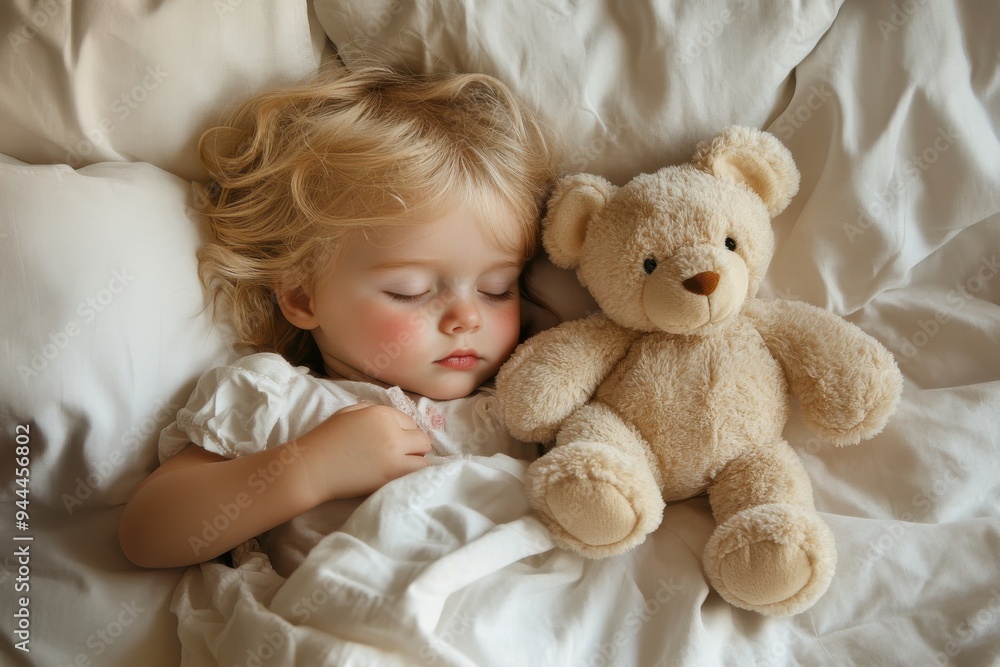 A peaceful sleeping girl cuddling with a soft teddy bear in bed. A peaceful sleeping girl cuddling with a soft teddy bear in bed.
