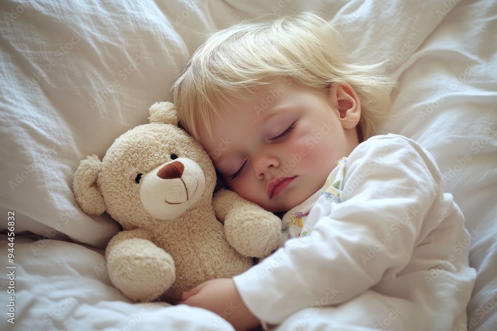 A peaceful sleeping child cuddling with a soft teddy bear in bed. A peaceful sleeping child cuddling with a soft teddy bear in bed.