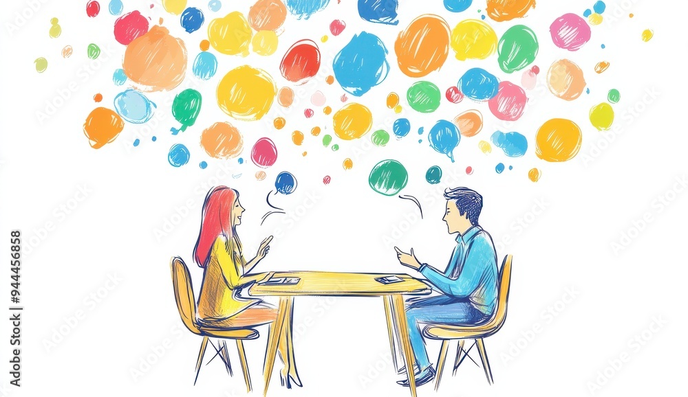 Illustration of a creative brainstorming or conversation session at a table. Illustration of a creative brainstorming or conversation session at a table.