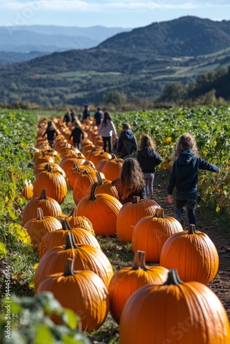 Children explore a pumpkin patch during a sunny autumn afternoon in a scenic ...