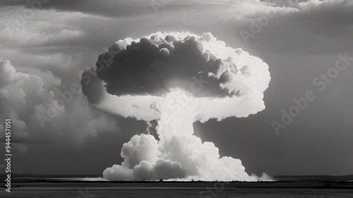 big black and white vintage explosion forming a mushroom cloud in the sky, big nuclear bomb explosion