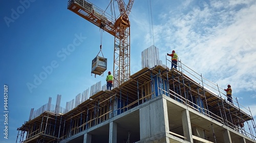 A crane moving large concrete blocks at a construction site with workers directing the operation
