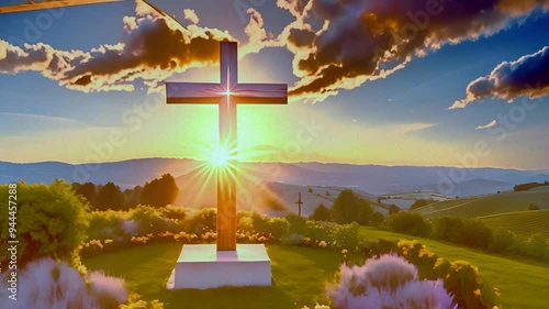 cross of christ in valley landscape backdrop, bright sunset giving light to a new day